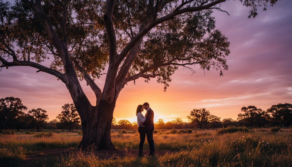 A couple sharing a romantic candid engagement photoshoot in Huntingdale, Victoria, silhouetted against a golden hour sunset, laughing genuinely while walking through a treelined park, captured with dramatic lighting and professional colour grading, showcasing their epic love story.