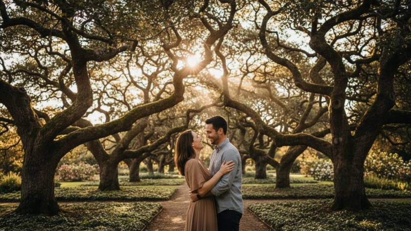A stunning wide shot of a couple sharing a tender moment amidst blooming jacaranda trees in Canterbury Gardens, bathed in golden hour light, capturing a romantic Canterbury engagement photoshoot Victoria with a cinematic feel.