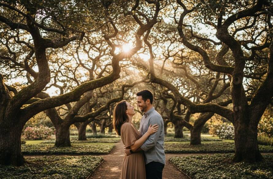A stunning wide shot of a couple sharing a tender moment amidst blooming jacaranda trees in Canterbury Gardens, bathed in golden hour light, capturing a romantic Canterbury engagement photoshoot Victoria with a cinematic feel.