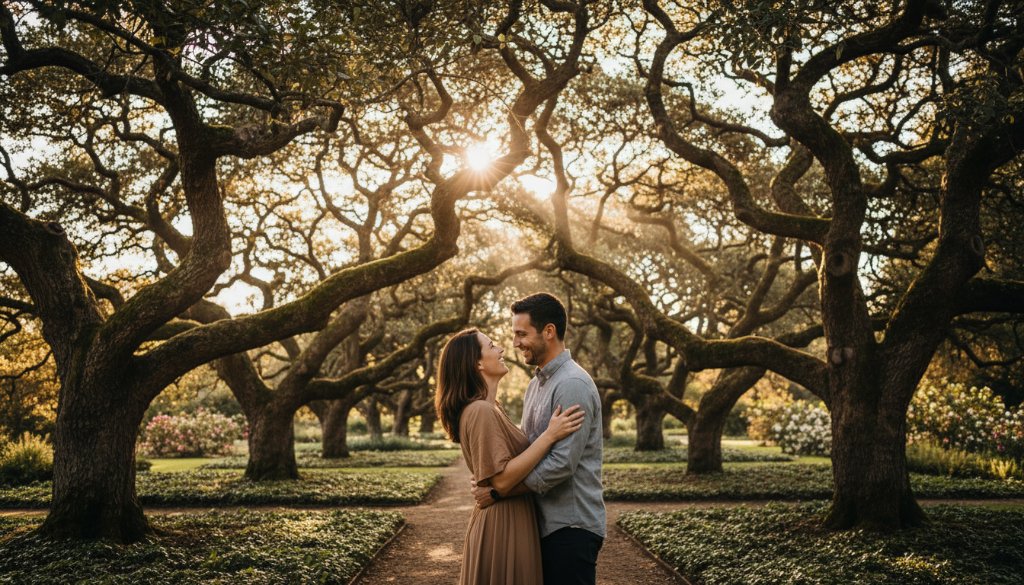 A stunning wide shot of a couple sharing a tender moment amidst blooming jacaranda trees in Canterbury Gardens, bathed in golden hour light, capturing a romantic Canterbury engagement photoshoot Victoria with a cinematic feel.