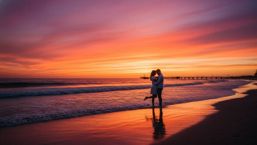 A couple embracing passionately at sunset on Carrum beach, silhouetted against a dramatic orange and pink sky, capturing a romantic Carrum beach pre-wedding photoshoot moment. Professional photography, cinematic lighting.