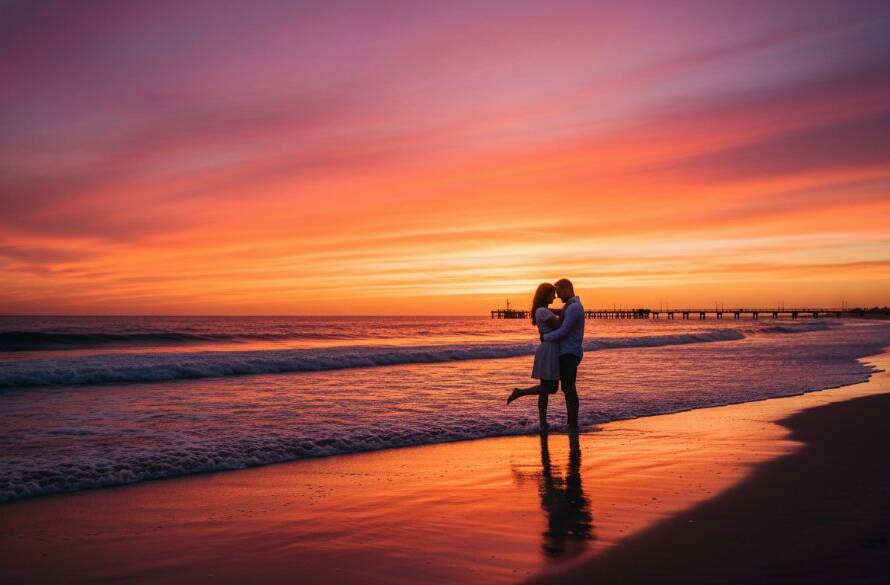 A couple embracing passionately at sunset on Carrum beach, silhouetted against a dramatic orange and pink sky, capturing a romantic Carrum beach pre-wedding photoshoot moment. Professional photography, cinematic lighting.