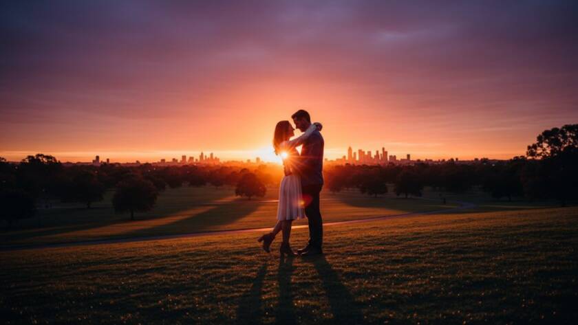 A couple sharing a tender, joyful moment during a romantic Caulfield North engagement photography session, silhouetted against a golden sunset in Caulfield Park, showcasing their deep connection and happiness.
