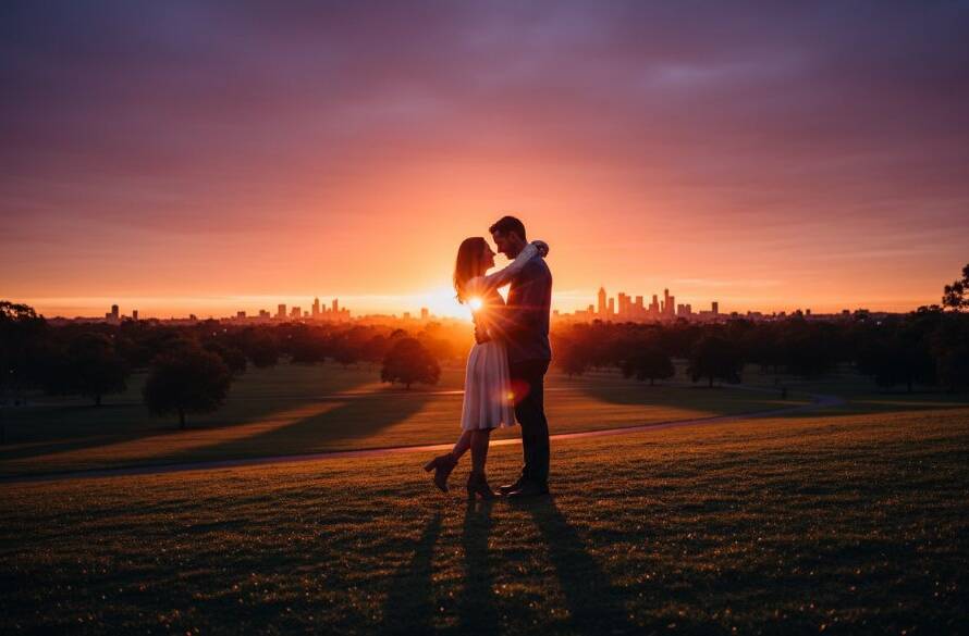 A couple sharing a tender, joyful moment during a romantic Caulfield North engagement photography session, silhouetted against a golden sunset in Caulfield Park, showcasing their deep connection and happiness.