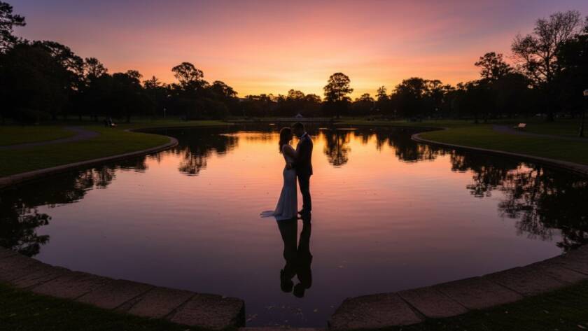 An intimate and epic moment captured during a romantic Caulfield pre-wedding photoshoot, featuring a couple embracing under dramatic twilight at Caulfield Park with the city lights softly in the background, professional colour grading.