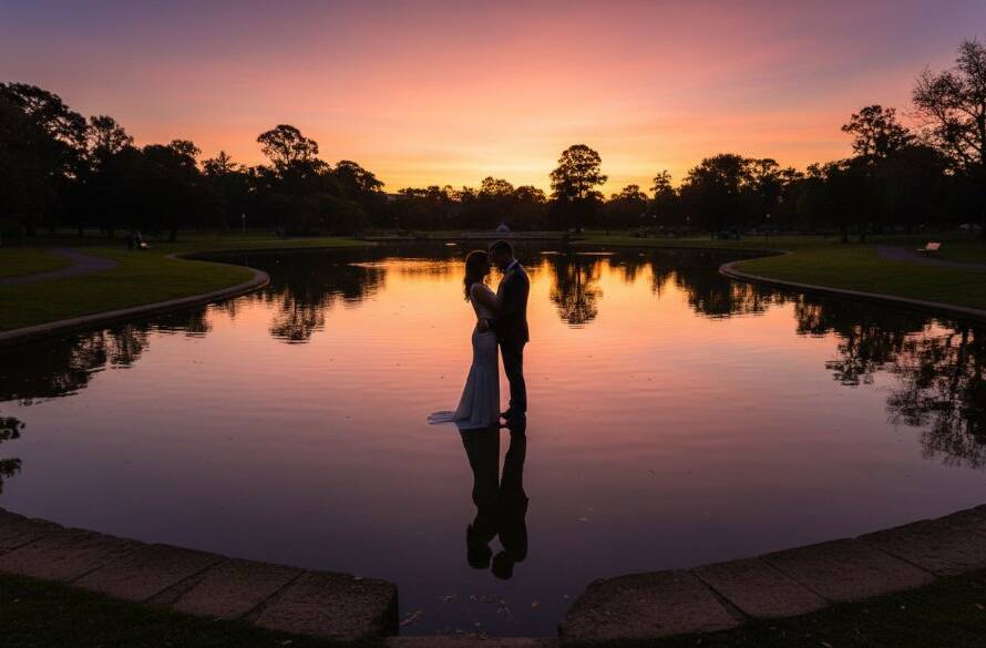 An intimate and epic moment captured during a romantic Caulfield pre-wedding photoshoot, featuring a couple embracing under dramatic twilight at Caulfield Park with the city lights softly in the background, professional colour grading.