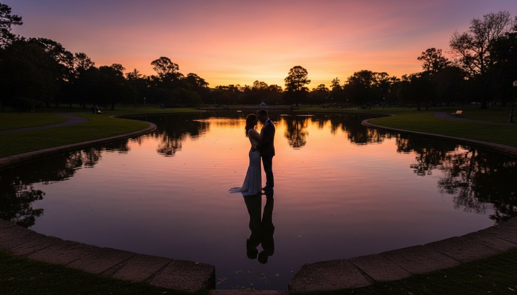 An intimate and epic moment captured during a romantic Caulfield pre-wedding photoshoot, featuring a couple embracing under dramatic twilight at Caulfield Park with the city lights softly in the background, professional colour grading.