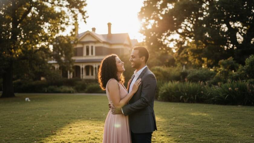 A couple sharing a tender, joyful moment during their romantic Caulfield South engagement photoshoot, bathed in golden hour light, with lush parkland in the background, captured in an epic, professionally color-graded wide shot.