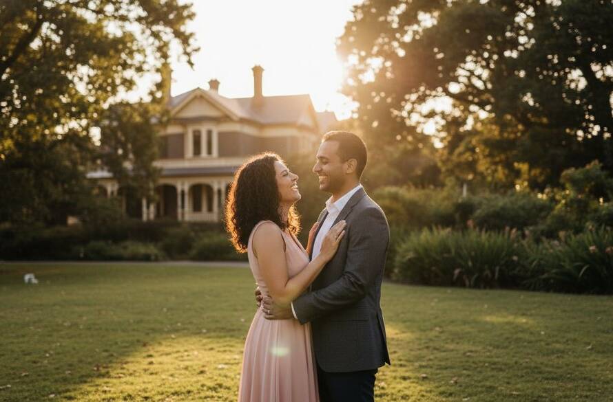 A couple sharing a tender, joyful moment during their romantic Caulfield South engagement photoshoot, bathed in golden hour light, with lush parkland in the background, captured in an epic, professionally color-graded wide shot.