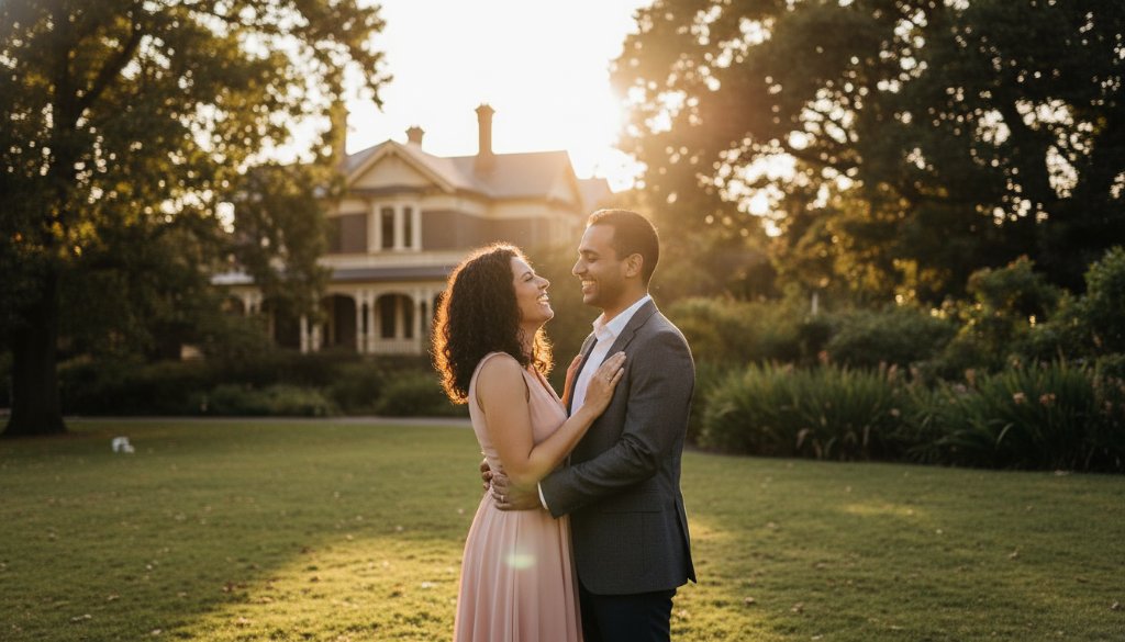 A couple sharing a tender, joyful moment during their romantic Caulfield South engagement photoshoot, bathed in golden hour light, with lush parkland in the background, captured in an epic, professionally color-graded wide shot.