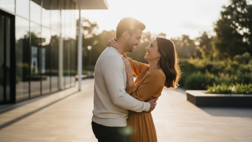 An epic moment captured: a couple embraces tenderly amidst the vibrant, romantic Chadstone engagement photography locations, bathed in the soft glow of golden hour, showcasing their deep connection.