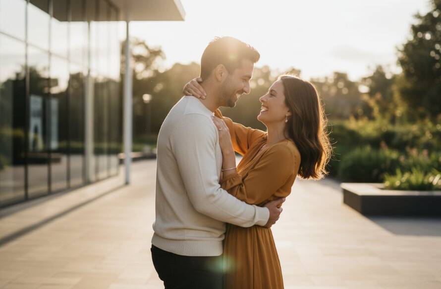 An epic moment captured: a couple embraces tenderly amidst the vibrant, romantic Chadstone engagement photography locations, bathed in the soft glow of golden hour, showcasing their deep connection.