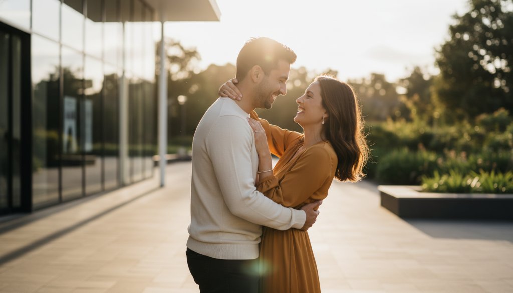An epic moment captured: a couple embraces tenderly amidst the vibrant, romantic Chadstone engagement photography locations, bathed in the soft glow of golden hour, showcasing their deep connection.