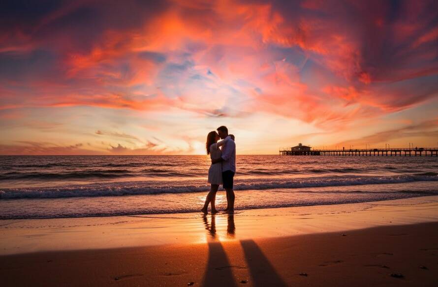 An epic moment of a couple embracing passionately at sunset during romantic Chelsea beach engagement photography, with golden light reflecting off the calm waters of Port Phillip Bay and the iconic Chelsea pier in the background, professional cinematic photograph.