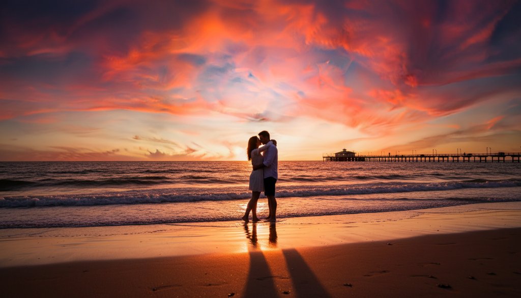An epic moment of a couple embracing passionately at sunset during romantic Chelsea beach engagement photography, with golden light reflecting off the calm waters of Port Phillip Bay and the iconic Chelsea pier in the background, professional cinematic photograph.