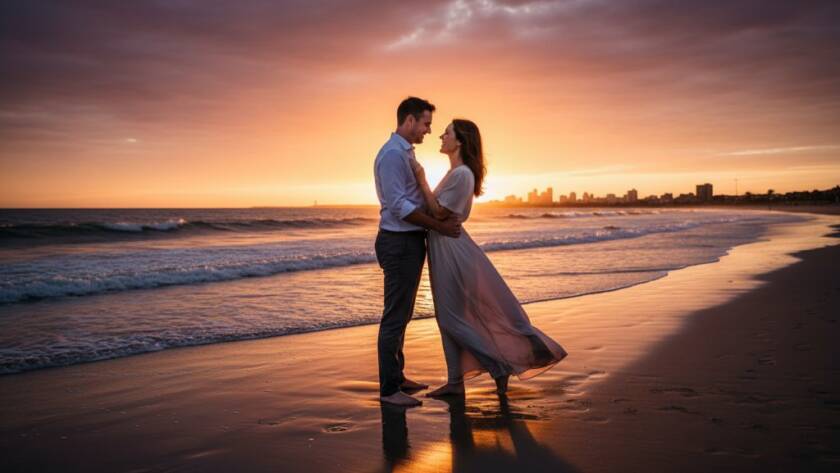 An epic moment captured during a romantic Chelsea Beach pre-wedding photography experience, featuring a couple embracing against a dramatic sunset over Port Phillip Bay, with soft, golden light highlighting their joyous expressions and the tranquil beach.