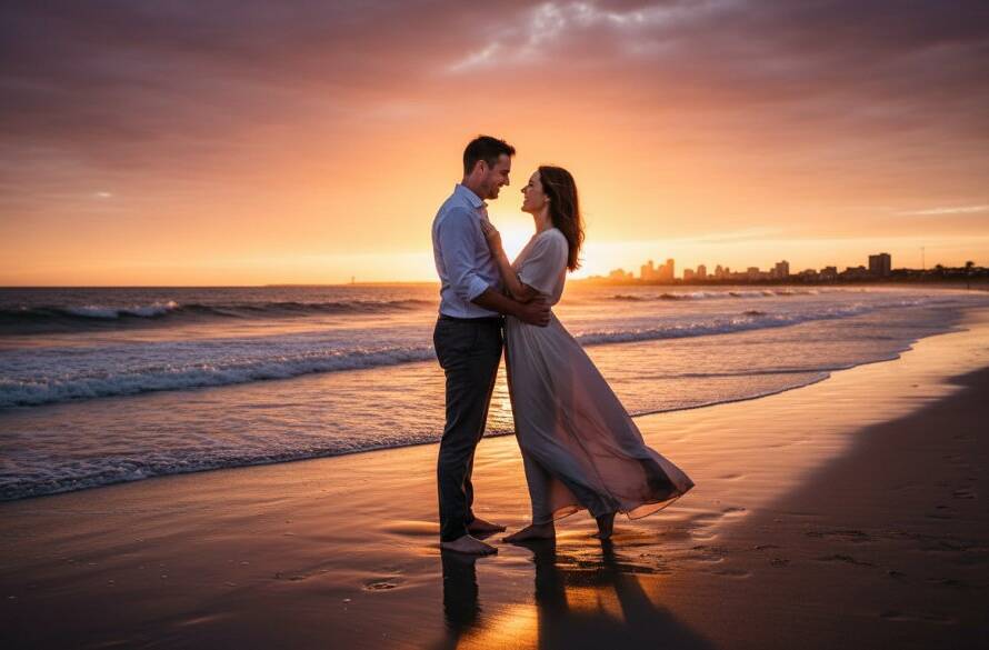 An epic moment captured during a romantic Chelsea Beach pre-wedding photography experience, featuring a couple embracing against a dramatic sunset over Port Phillip Bay, with soft, golden light highlighting their joyous expressions and the tranquil beach.