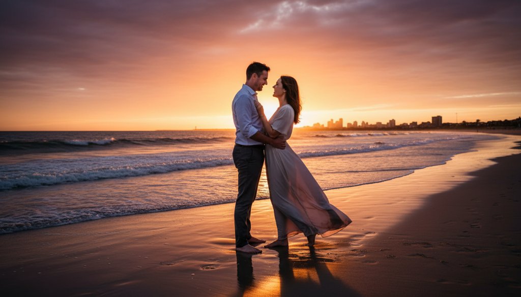 An epic moment captured during a romantic Chelsea Beach pre-wedding photography experience, featuring a couple embracing against a dramatic sunset over Port Phillip Bay, with soft, golden light highlighting their joyous expressions and the tranquil beach.