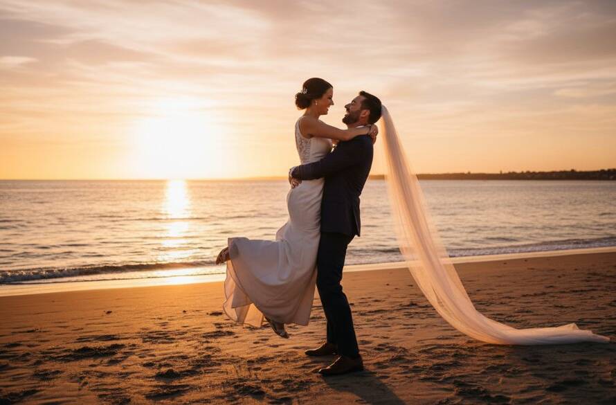 A couple sharing a tender kiss at sunset on Chelsea Heights beach, with soft golden light creating an epic, romantic silhouette, perfectly illustrating Romantic Chelsea Heights Beachside Wedding Photography.