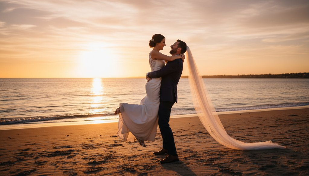 A couple sharing a tender kiss at sunset on Chelsea Heights beach, with soft golden light creating an epic, romantic silhouette, perfectly illustrating Romantic Chelsea Heights Beachside Wedding Photography.