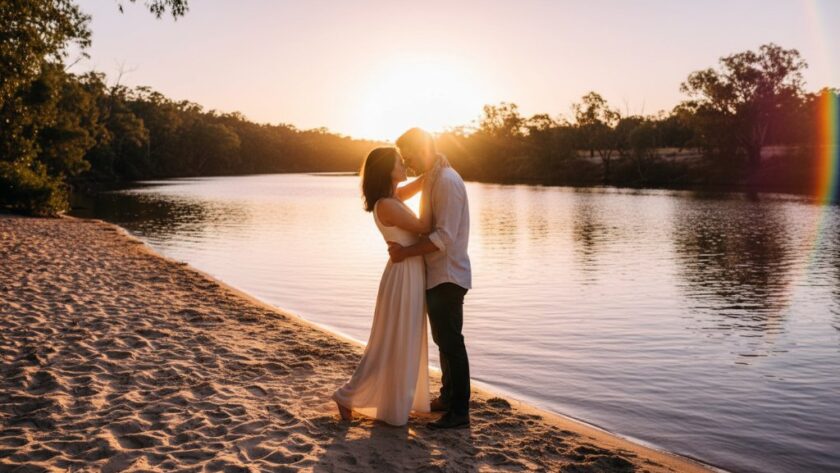 An epic, emotionally charged moment during a romantic Cobram engagement photoshoot Murray River, featuring a couple embracing passionately at sunset on a sandy bank, with dramatic golden light reflecting on the water, highlighting their love story.