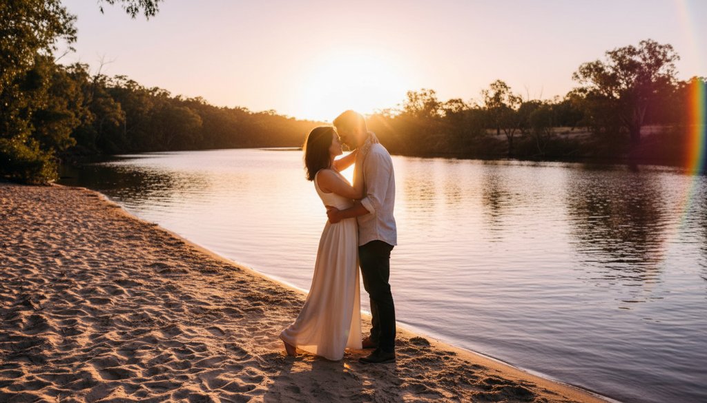An epic, emotionally charged moment during a romantic Cobram engagement photoshoot Murray River, featuring a couple embracing passionately at sunset on a sandy bank, with dramatic golden light reflecting on the water, highlighting their love story.