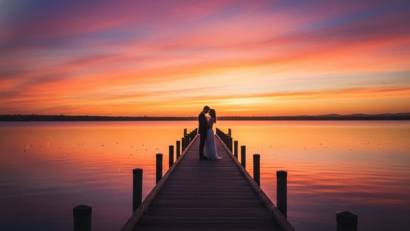 An engaged couple embraces passionately on a lakeside jetty during their romantic Colac engagement photos Lake Colac sunset magic, silhouetted against a vibrant, dramatic sunset sky over the water, capturing an epic, emotionally charged moment.