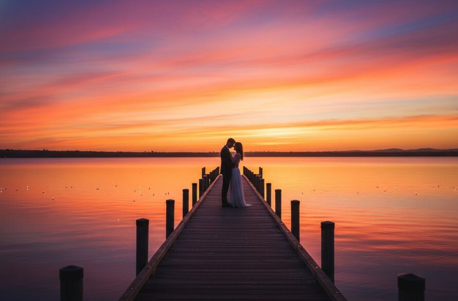 An engaged couple embraces passionately on a lakeside jetty during their romantic Colac engagement photos Lake Colac sunset magic, silhouetted against a vibrant, dramatic sunset sky over the water, capturing an epic, emotionally charged moment.