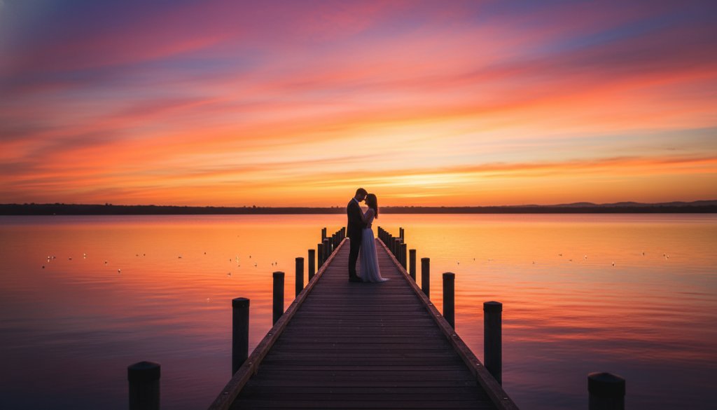 An engaged couple embraces passionately on a lakeside jetty during their romantic Colac engagement photos Lake Colac sunset magic, silhouetted against a vibrant, dramatic sunset sky over the water, capturing an epic, emotionally charged moment.