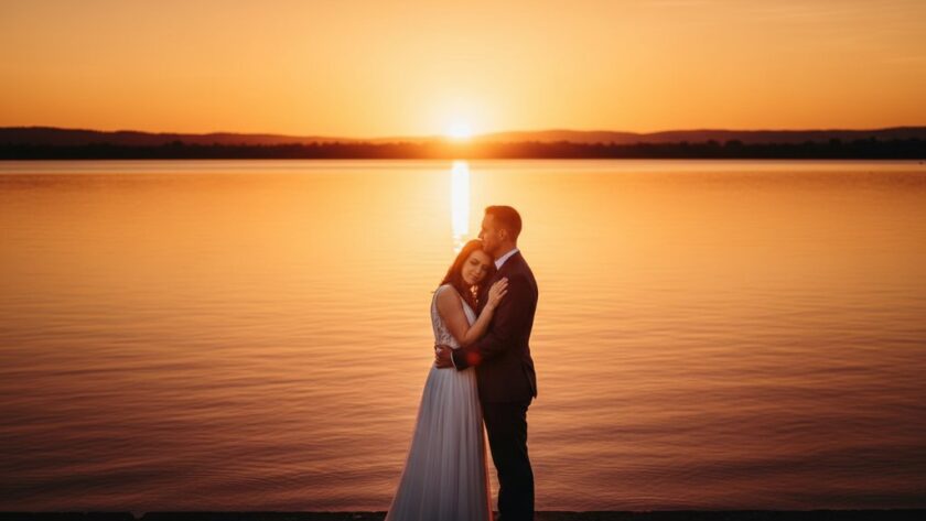 A newlywed couple shares a tender, romantic moment with stunning Colac Lakeside wedding photos as the sun sets, casting a golden glow over Lake Colac, captured from a cinematic perspective.