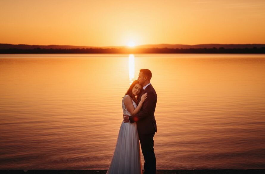 A newlywed couple shares a tender, romantic moment with stunning Colac Lakeside wedding photos as the sun sets, casting a golden glow over Lake Colac, captured from a cinematic perspective.
