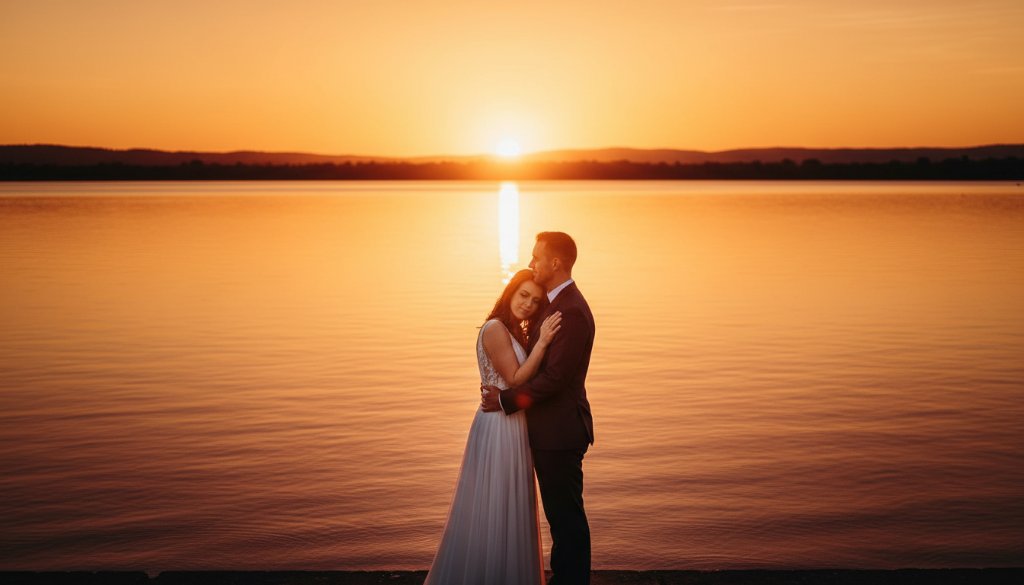 A newlywed couple shares a tender, romantic moment with stunning Colac Lakeside wedding photos as the sun sets, casting a golden glow over Lake Colac, captured from a cinematic perspective.