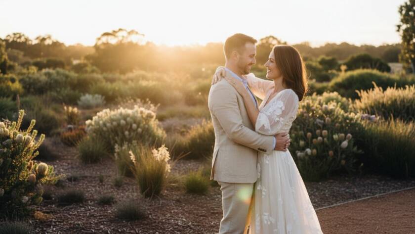 An intimate and romantic Cranbourne East pre-wedding photography moment featuring a couple embracing softly at sunset in a scenic park, bathed in golden light.