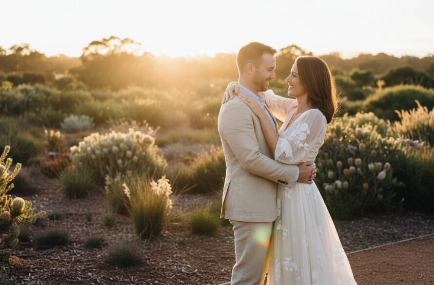 An intimate and romantic Cranbourne East pre-wedding photography moment featuring a couple embracing softly at sunset in a scenic park, bathed in golden light.