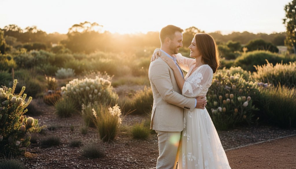 An intimate and romantic Cranbourne East pre-wedding photography moment featuring a couple embracing softly at sunset in a scenic park, bathed in golden light.