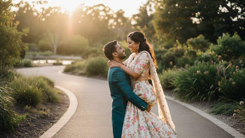 A newly engaged couple sharing a tender kiss amidst the lush, golden-hour glow of the Cranbourne Royal Botanic Gardens, capturing their romantic Cranbourne pre-wedding photoshoot Victorian love story with dramatic, professional lighting.