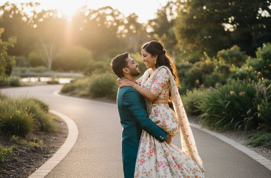 A newly engaged couple sharing a tender kiss amidst the lush, golden-hour glow of the Cranbourne Royal Botanic Gardens, capturing their romantic Cranbourne pre-wedding photoshoot Victorian love story with dramatic, professional lighting.
