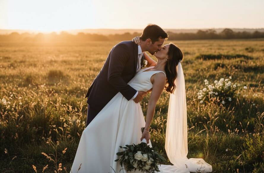 A stunning golden hour photograph of a newlywed couple embracing in a romantic Cranbourne South wedding photography scene, capturing genuine love amidst the natural beauty of a blooming garden, with warm, soft light illuminating their joyful faces.