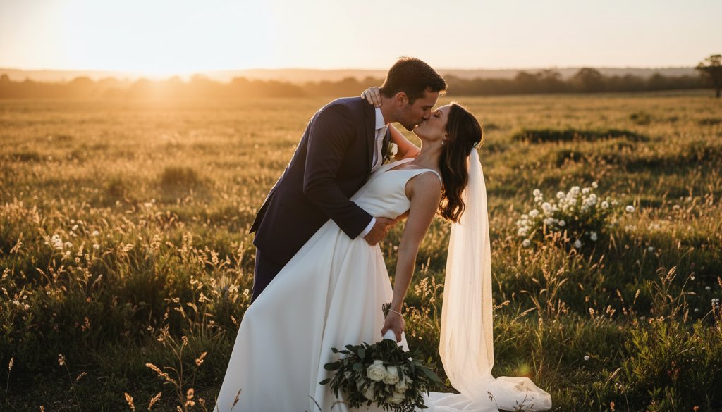 A stunning golden hour photograph of a newlywed couple embracing in a romantic Cranbourne South wedding photography scene, capturing genuine love amidst the natural beauty of a blooming garden, with warm, soft light illuminating their joyful faces.