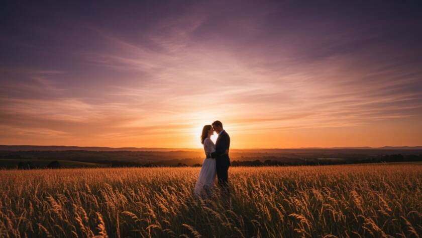An epic moment captured during a romantic Croydon North pre-wedding photoshoot, featuring a couple embracing passionately against a backdrop of sun-drenched Victorian landscapes at golden hour, professionally colour-graded with dramatic lighting.