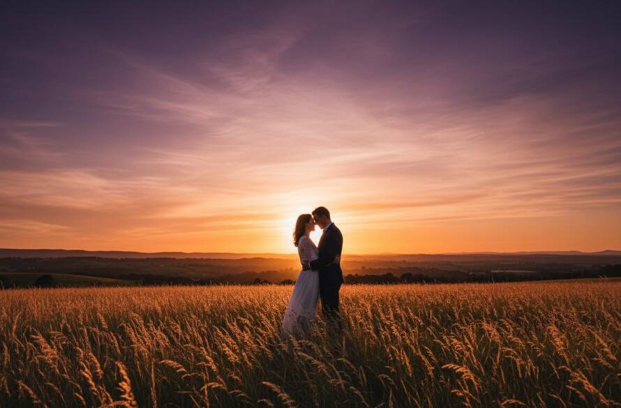An epic moment captured during a romantic Croydon North pre-wedding photoshoot, featuring a couple embracing passionately against a backdrop of sun-drenched Victorian landscapes at golden hour, professionally colour-graded with dramatic lighting.