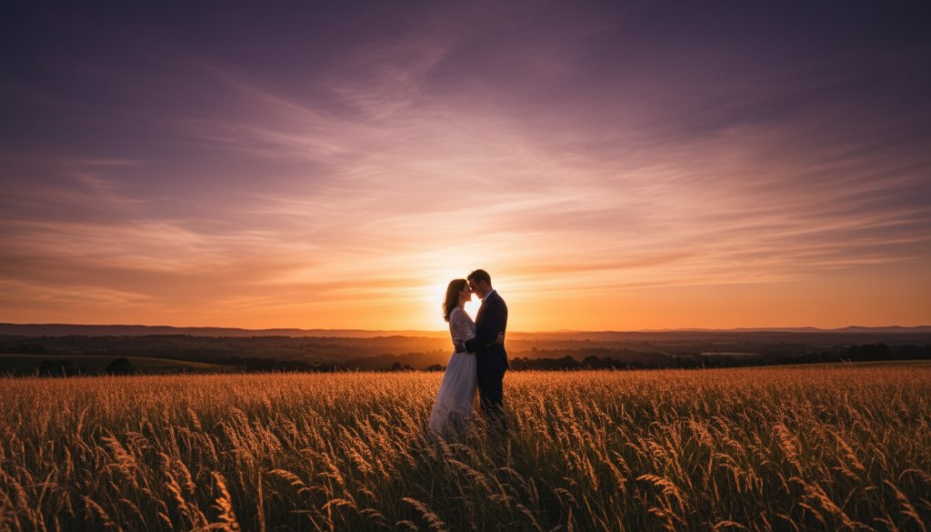An epic moment captured during a romantic Croydon North pre-wedding photoshoot, featuring a couple embracing passionately against a backdrop of sun-drenched Victorian landscapes at golden hour, professionally colour-graded with dramatic lighting.