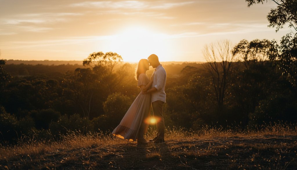 An intimate and romantic Croydon South engagement photography adventure moment, featuring a couple embracing softly at sunset in a beautiful, natural park setting, with golden light filtering through trees, expertly composed to capture their deep connection.