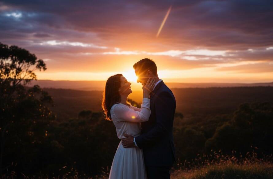 An epic moment captured during romantic Croydon Victoria engagement photography, featuring a couple embracing passionately at sunset in the Dandenong Ranges foothills with warm, golden light and dramatic lens flare.