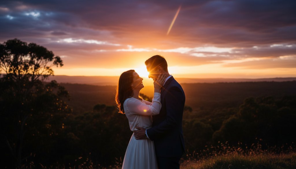 An epic moment captured during romantic Croydon Victoria engagement photography, featuring a couple embracing passionately at sunset in the Dandenong Ranges foothills with warm, golden light and dramatic lens flare.
