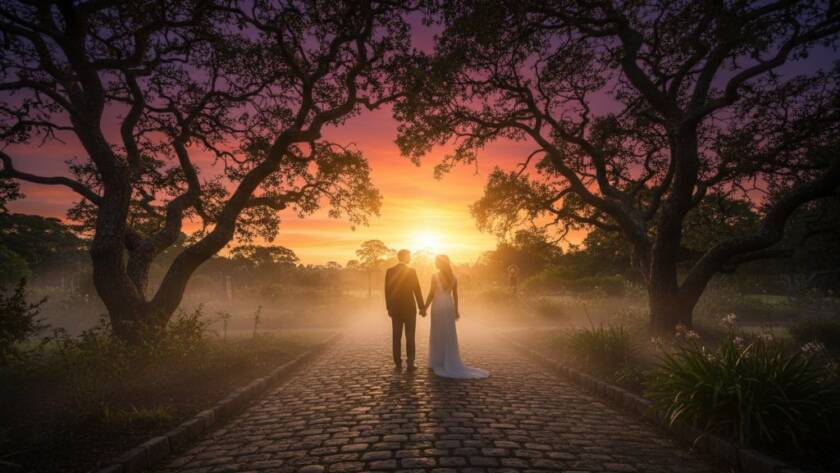 A stunning wide-angle shot capturing a couple embracing passionately amidst the historic gardens of Wyreena Community Arts Centre, showcasing romantic Croydon wedding photography at its finest with dramatic golden hour lighting filtering through ancient trees.