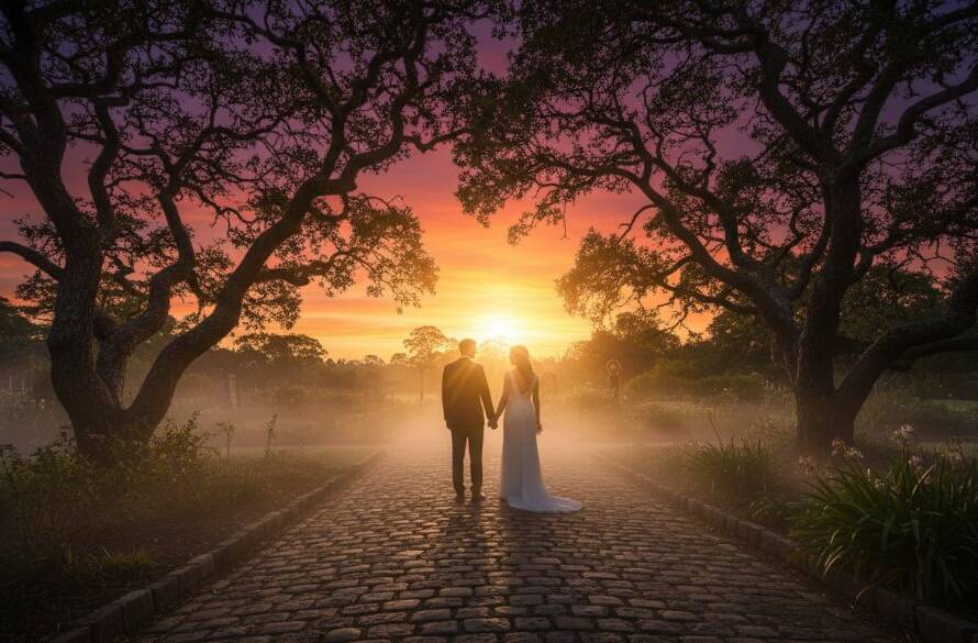 A stunning wide-angle shot capturing a couple embracing passionately amidst the historic gardens of Wyreena Community Arts Centre, showcasing romantic Croydon wedding photography at its finest with dramatic golden hour lighting filtering through ancient trees.