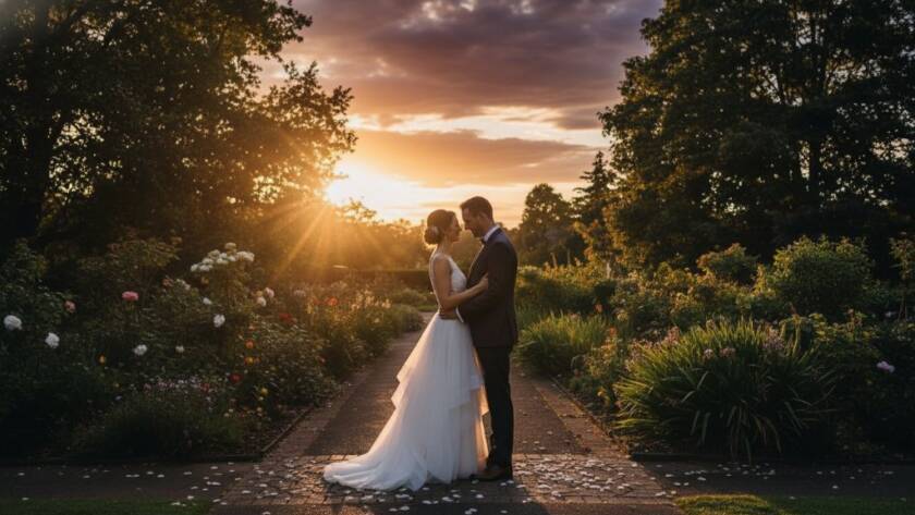 A newlywed couple shares a tender kiss at sunset, silhouetted against the vibrant floral displays of Dandenong Gardens, captured through romantic Dandenong Gardens wedding photography, evoking an epic, dreamlike quality.