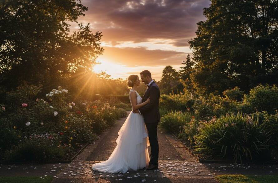 A newlywed couple shares a tender kiss at sunset, silhouetted against the vibrant floral displays of Dandenong Gardens, captured through romantic Dandenong Gardens wedding photography, evoking an epic, dreamlike quality.