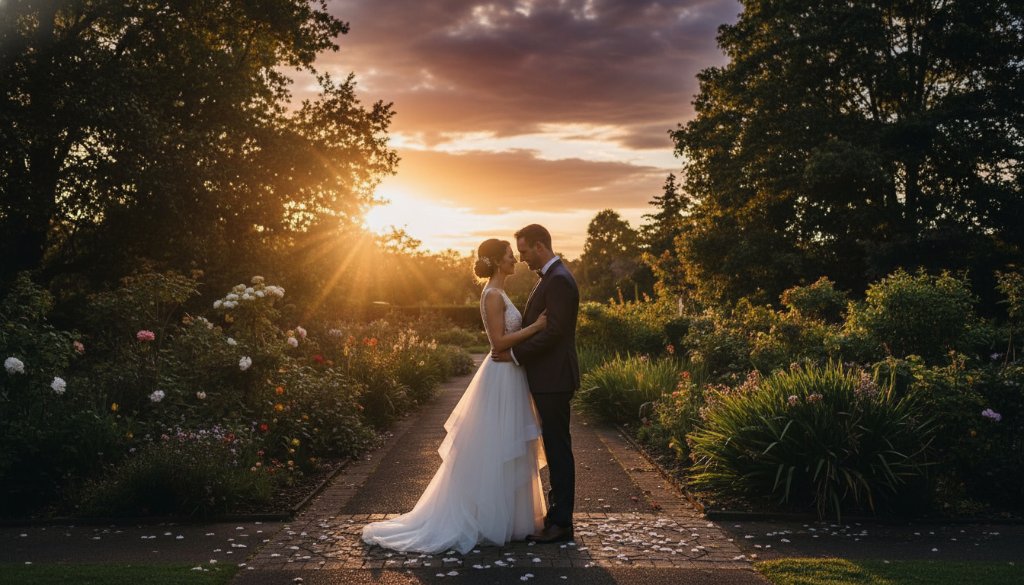 A newlywed couple shares a tender kiss at sunset, silhouetted against the vibrant floral displays of Dandenong Gardens, captured through romantic Dandenong Gardens wedding photography, evoking an epic, dreamlike quality.
